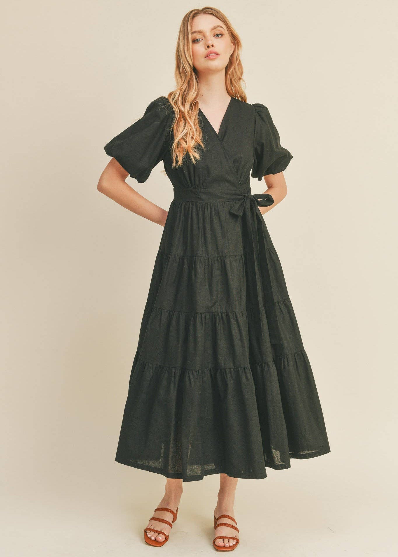 front view of women wearing midi wrap black dress 