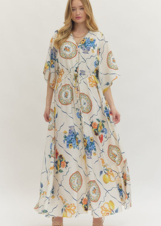 women wearing print maxi dress