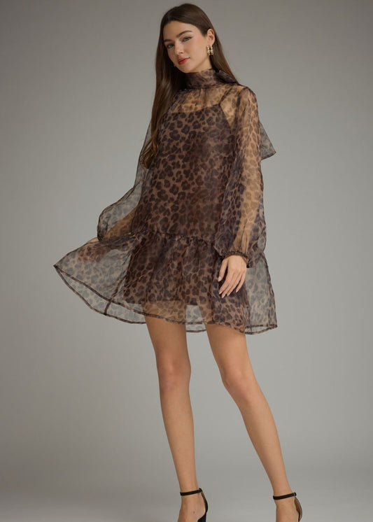 women wearing leopard mini dress with self tie neck bow