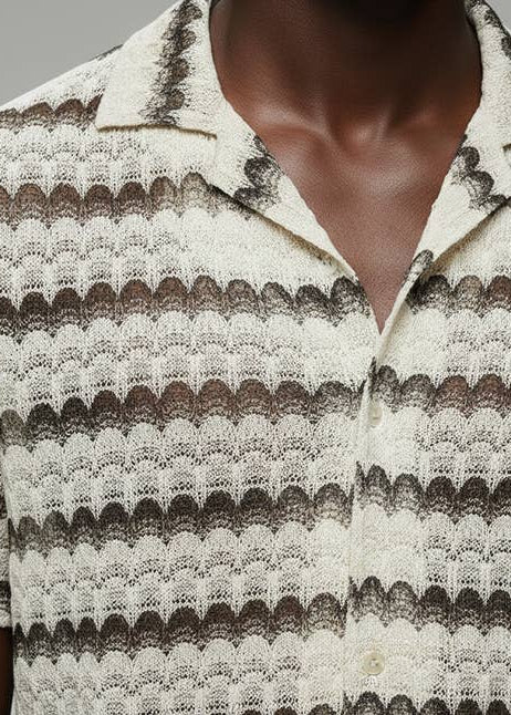 close up details of man wearing crochet collared shirt 