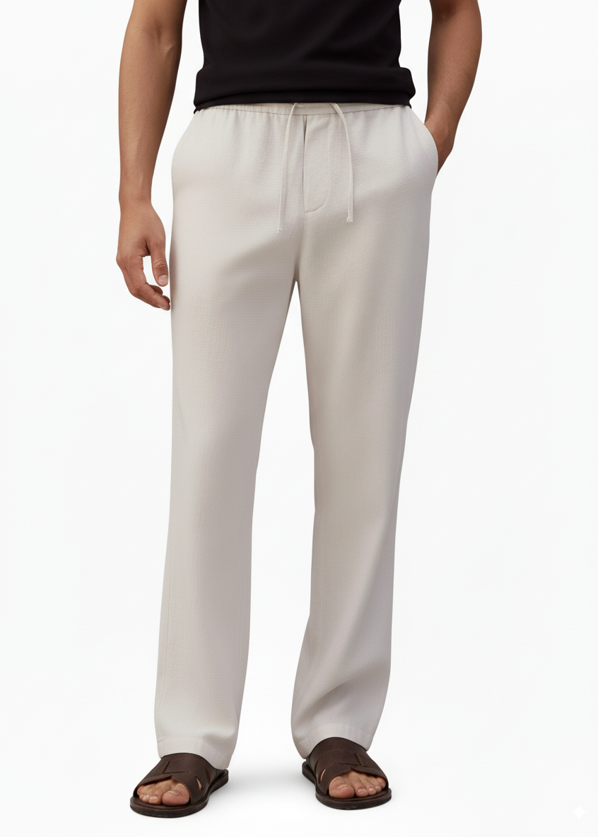 man wearing drawstring pants  with a black shirt and black slides 
