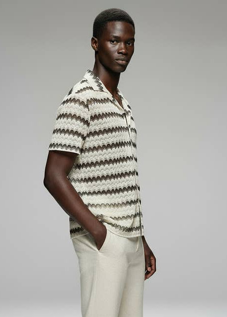 side view of man wearing textured collar striped shirt 