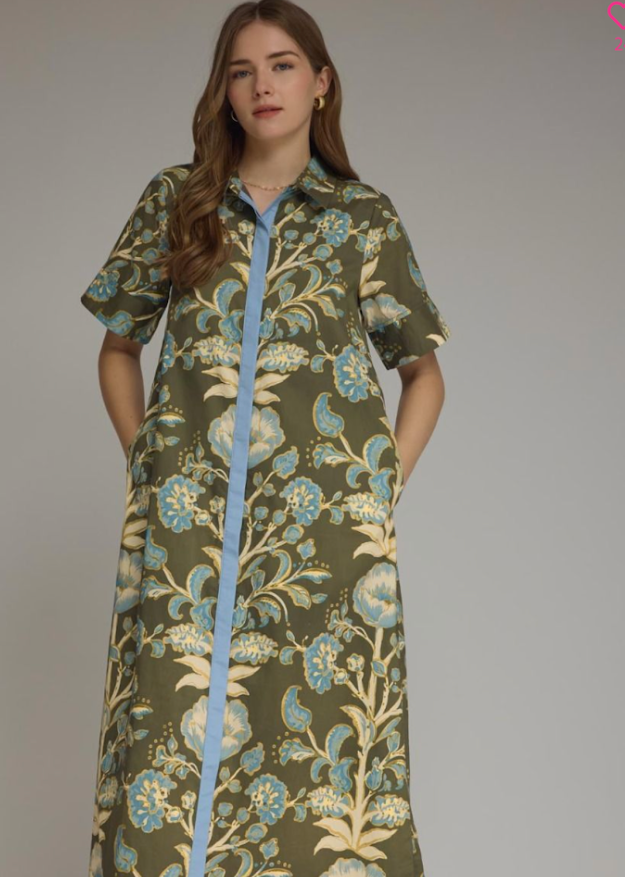 women wearing olive print  collared short sleeve midi dress