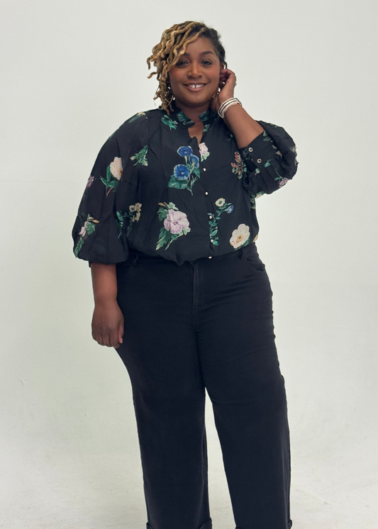Plus Size Black Floral Print Blouse