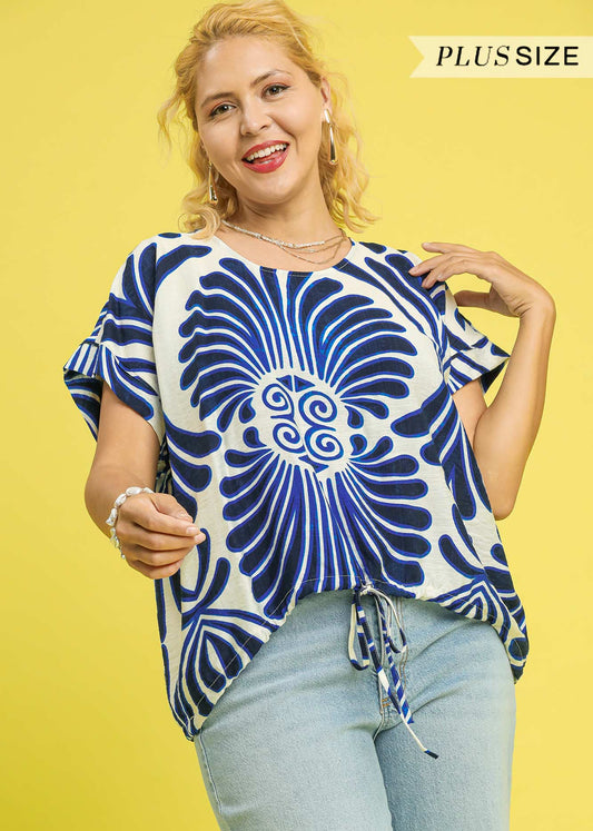 women wearing plus size blue and white printed blouse
