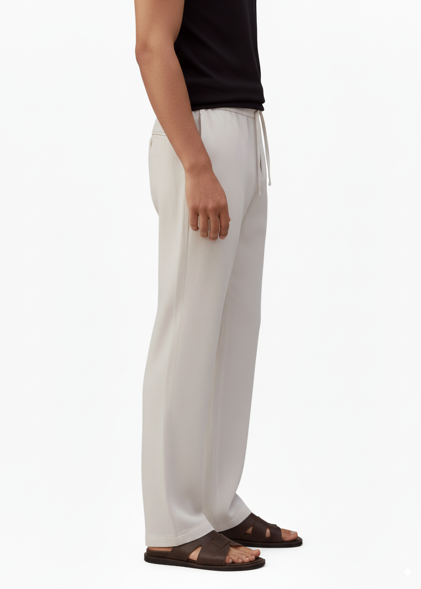 a sideview of man wearing linen drawstring pants with pockets and brown sandals