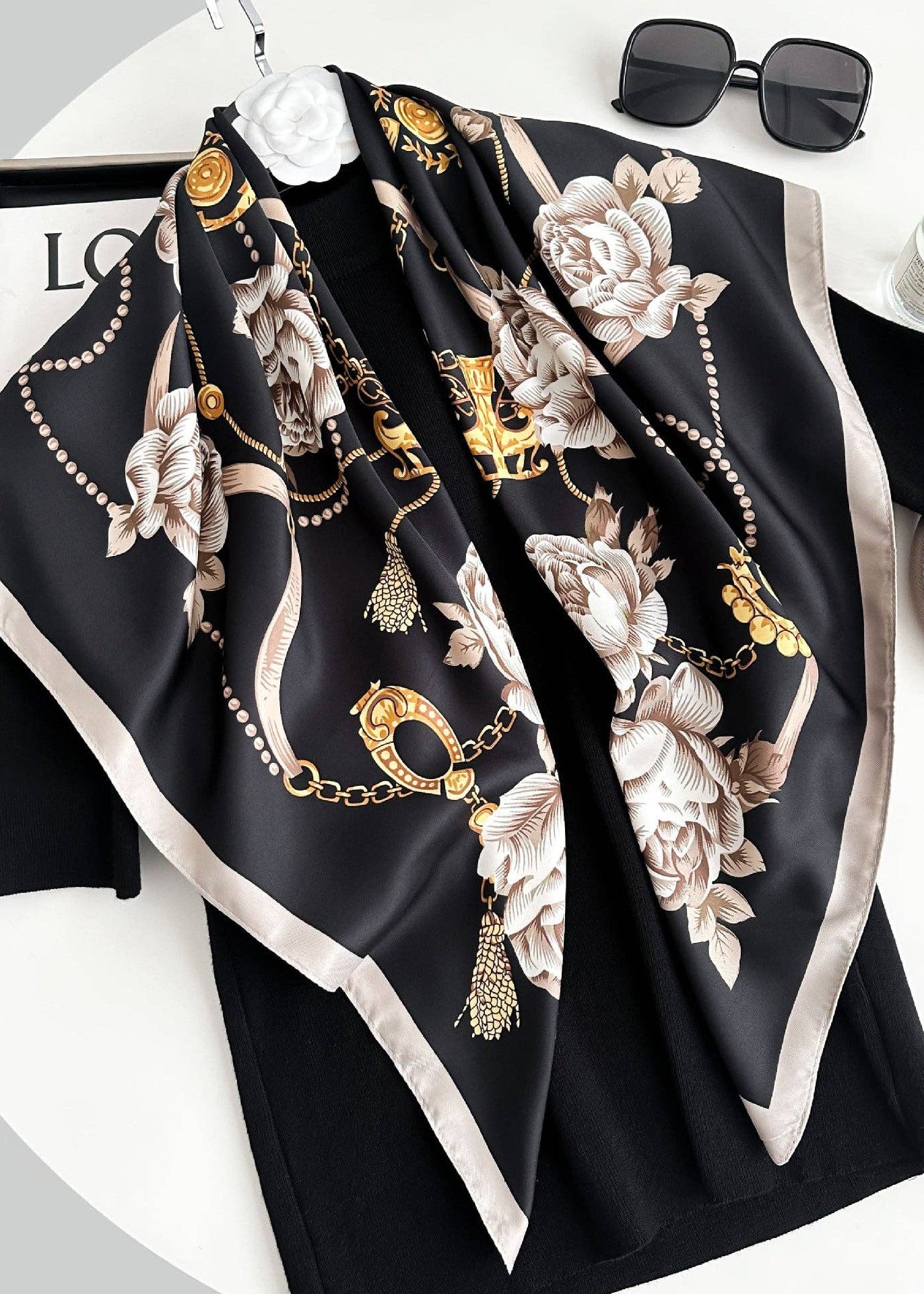 picture of silky scarf square shape with classic chain design