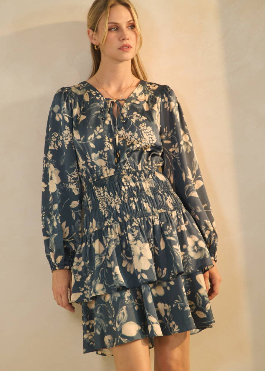 women wearing long sleeve floral print smocked dress