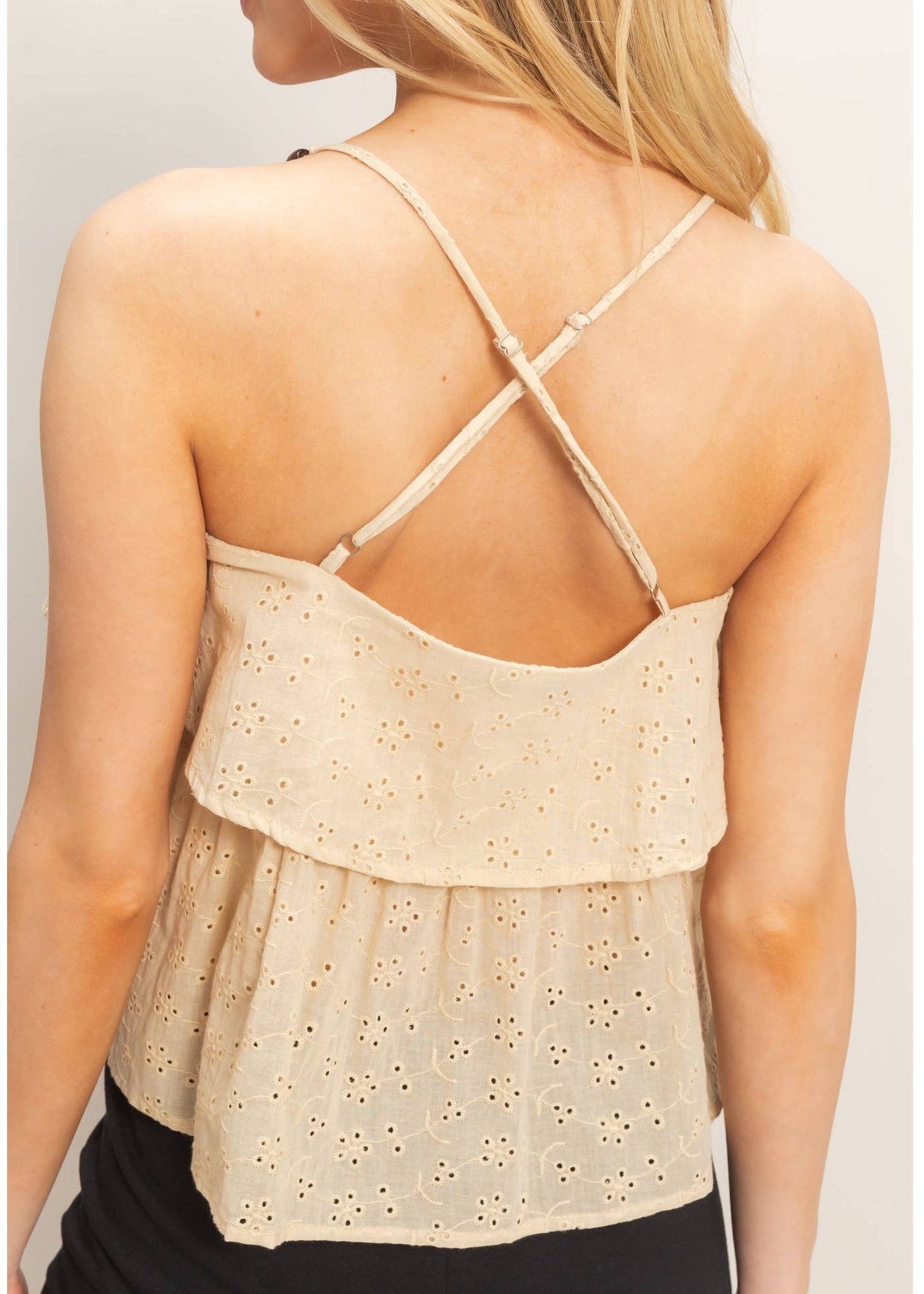 back side of ivory eyelet blouse