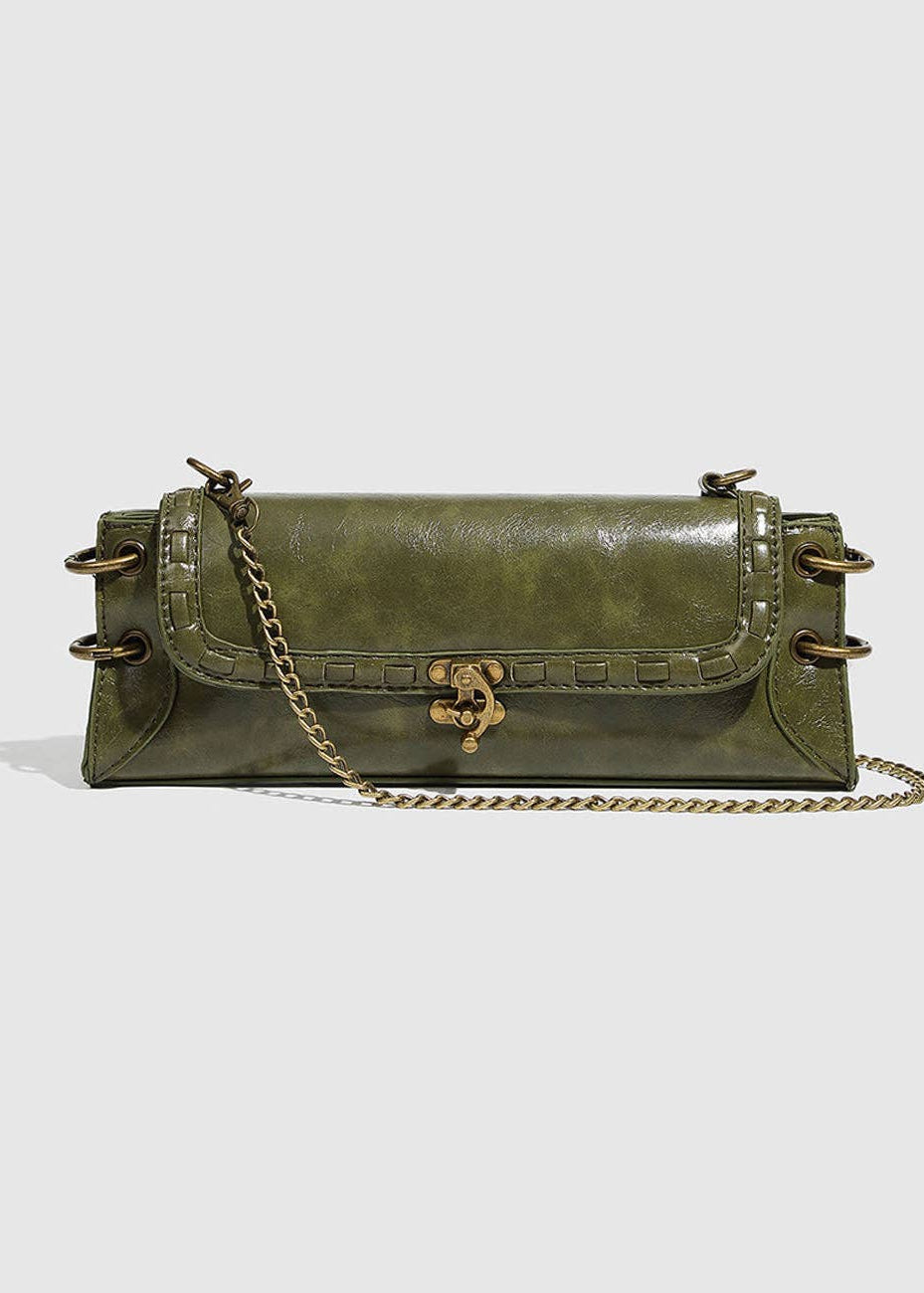 picture of olive green cluthc with lock and chain