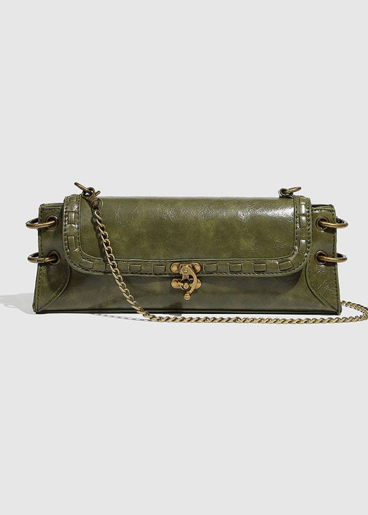 picture of olive green cluthc with lock and chain