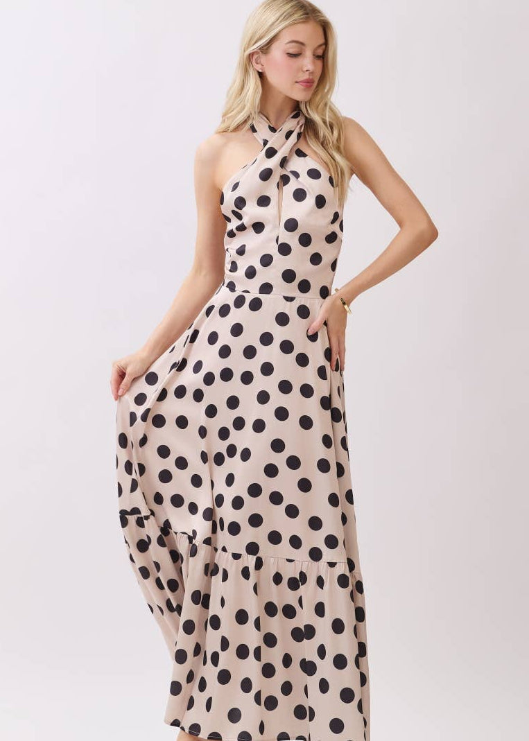women wearing halter top polka dot dress maxi length