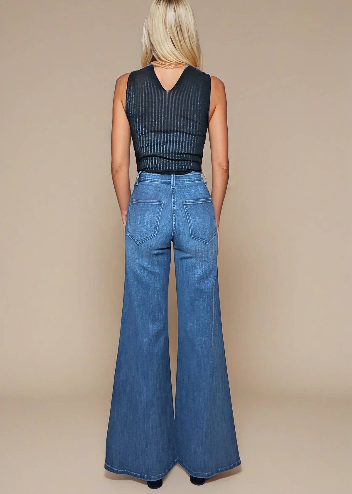 back view of womens wide leg jeans 
