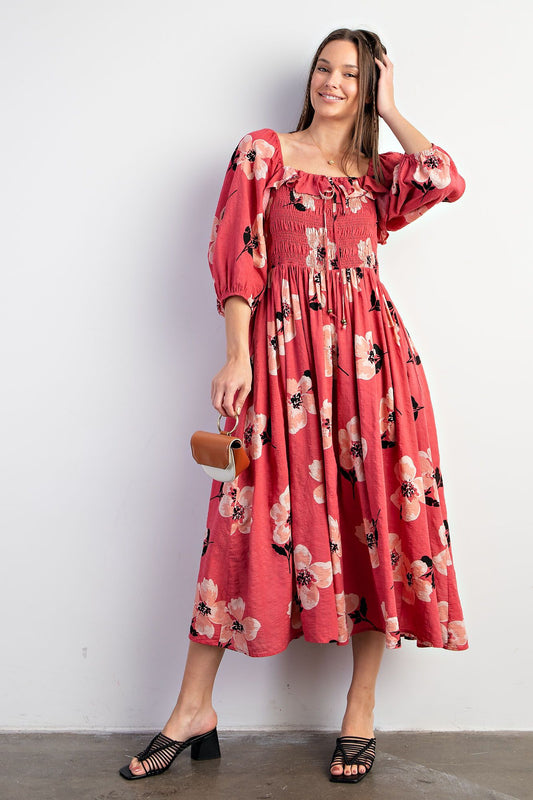 Bonita Midi Floral Print Bubble Sleeve Dress
