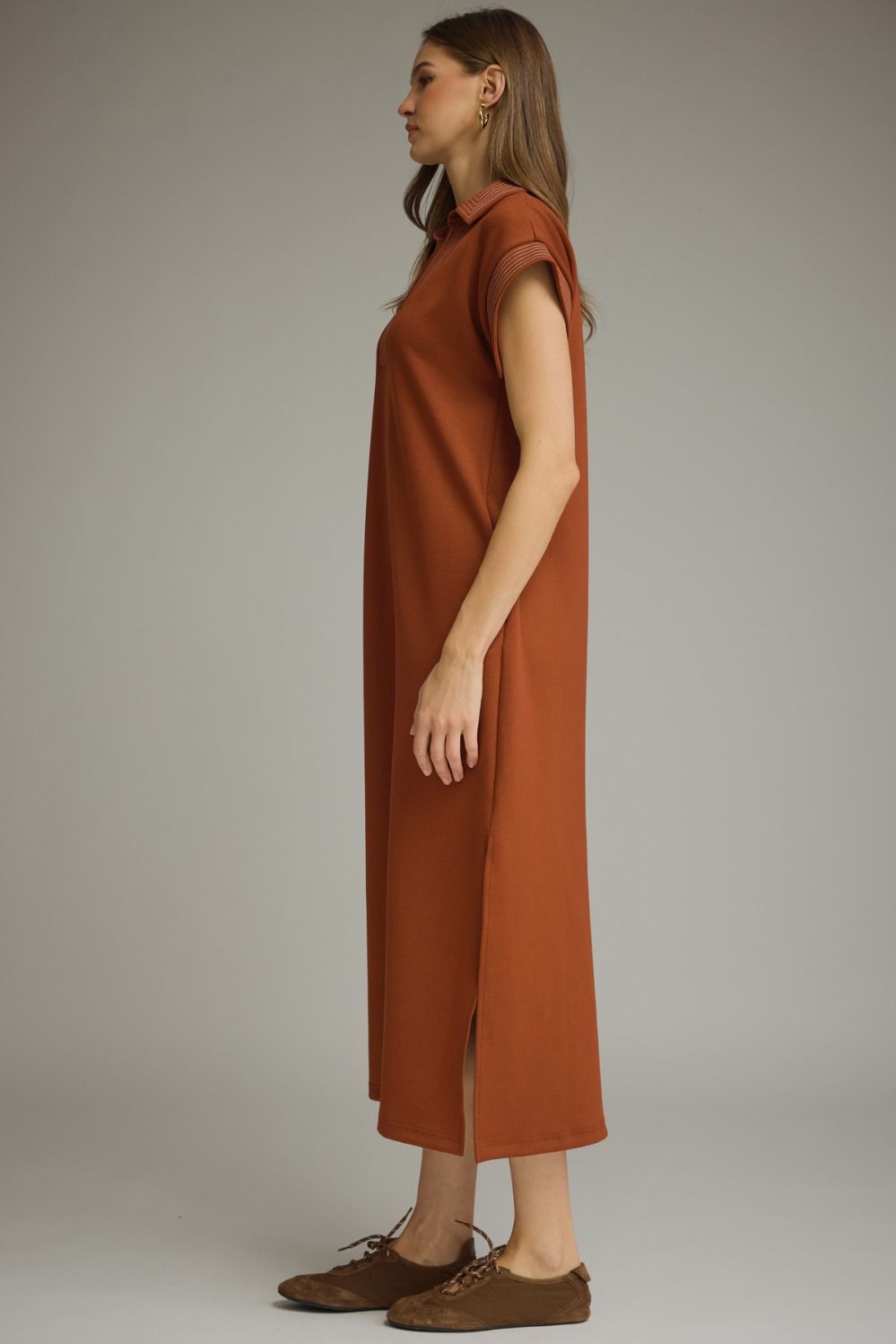 Rust Contrast Stitch Collared Midi Dress Haven – Side Pockets