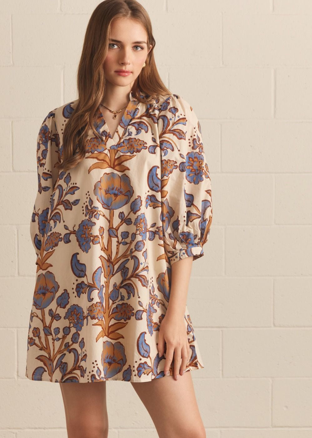 Ivory Floral Cotton Mini Dress Maribel – Puff Sleeves & Pockets