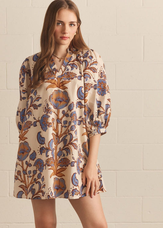 Ivory Floral Cotton Mini Dress Maribel – Puff Sleeves & Pockets