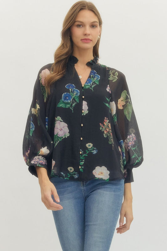 Black Floral Print Blouse