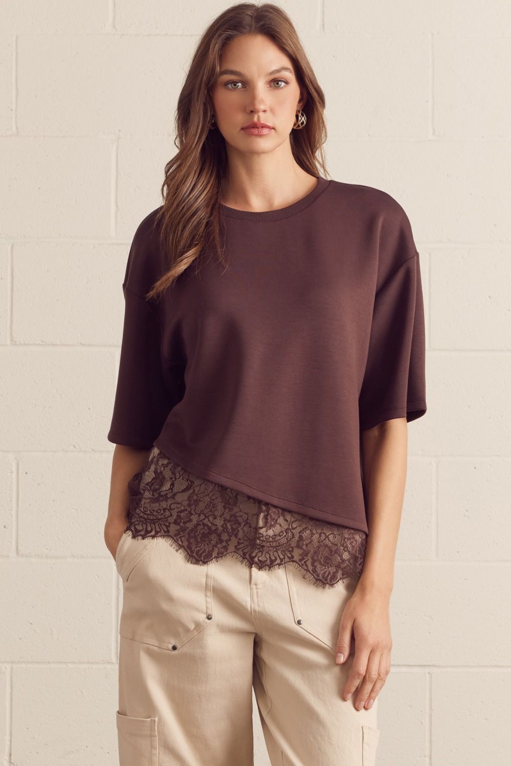 Asymmetrical Lace Hem Knit Top