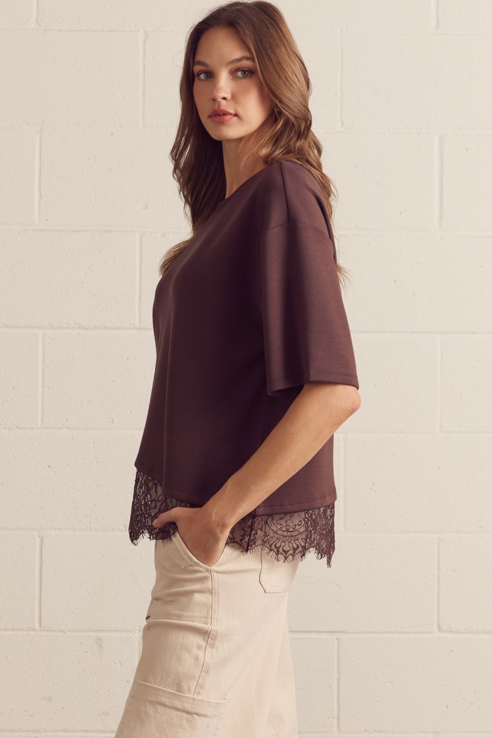 Asymmetrical Lace Hem Knit Top