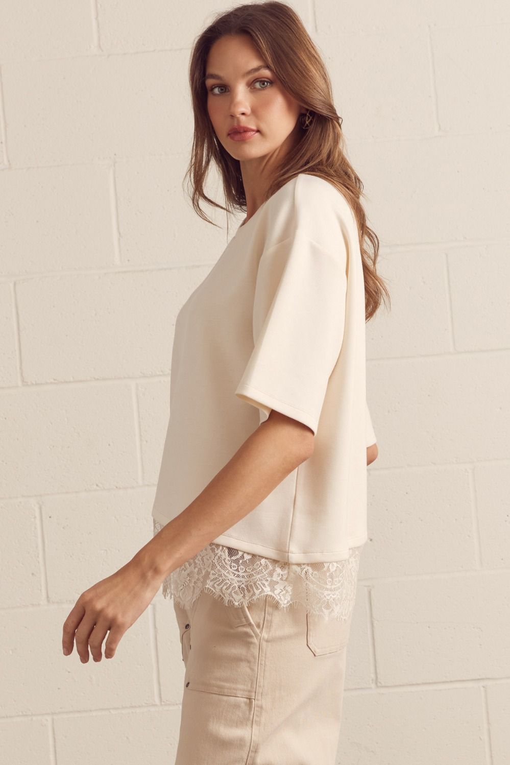 Asymmetrical Lace Hem Knit Top