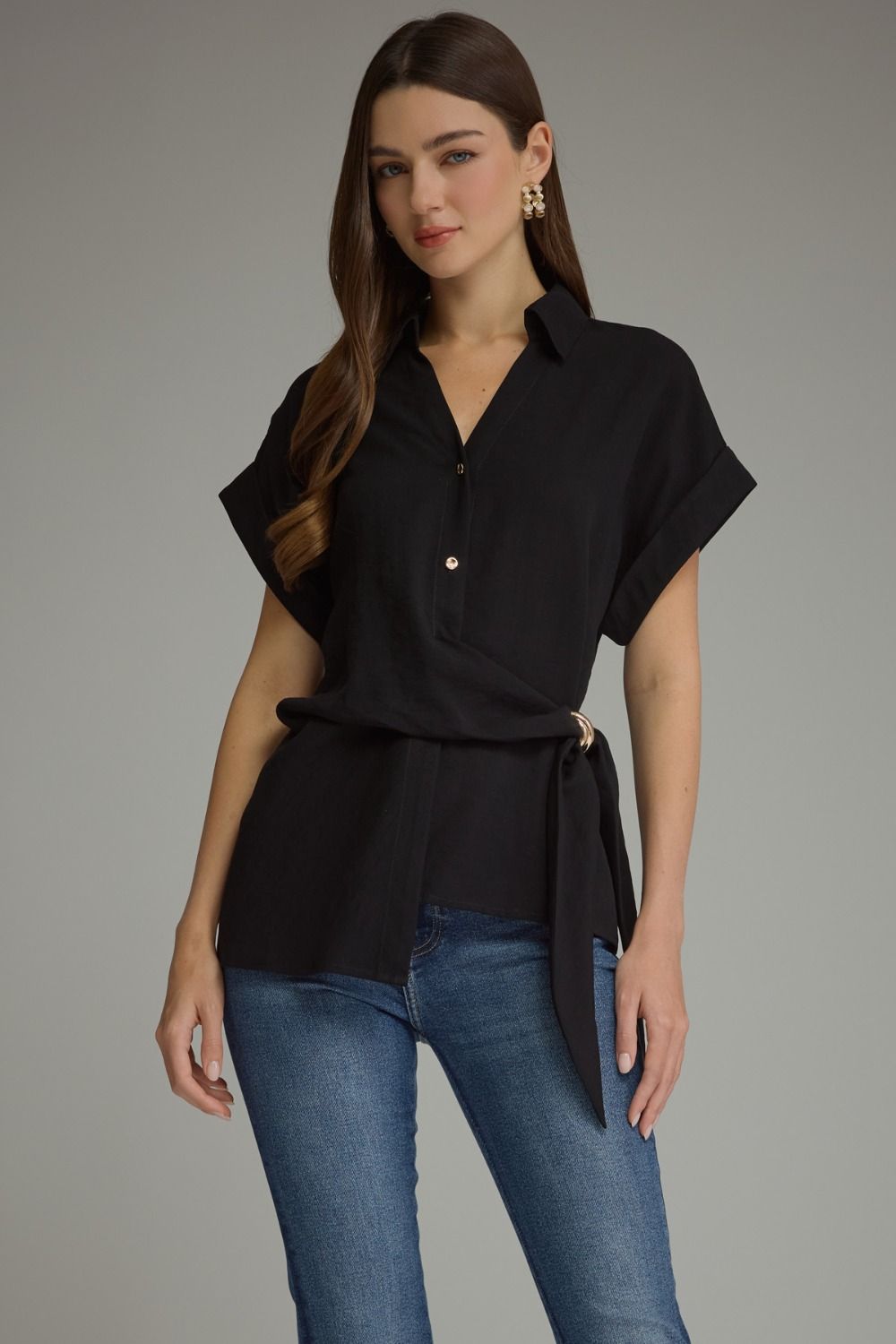 Black Side Tie Collared Blouse Sloane – Gold Hardware Detail