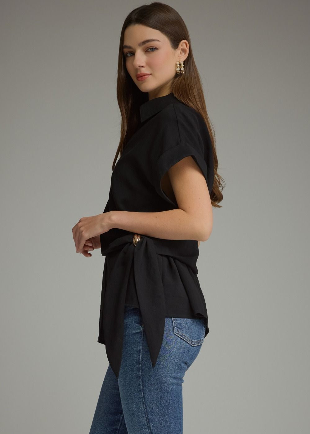 Black Side Tie Collared Blouse Sloane – Gold Hardware Detail
