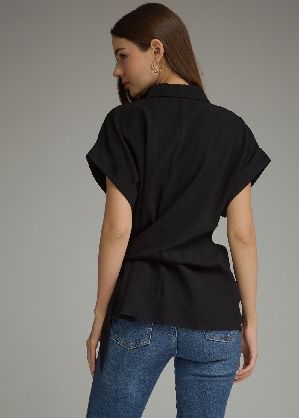 Black Side Tie Collared Blouse Sloane – Gold Hardware Detail