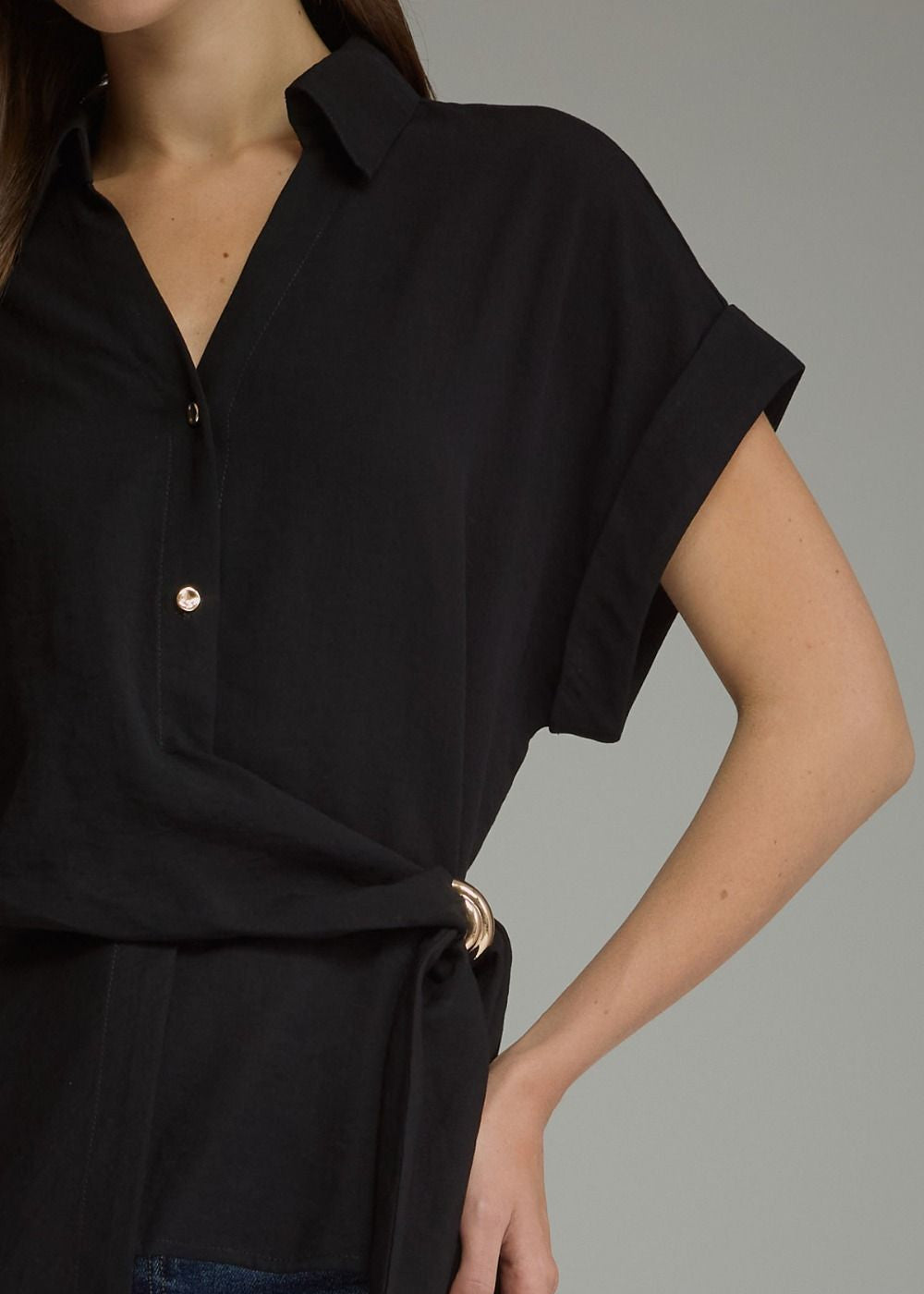 Black Side Tie Collared Blouse Sloane – Gold Hardware Detail