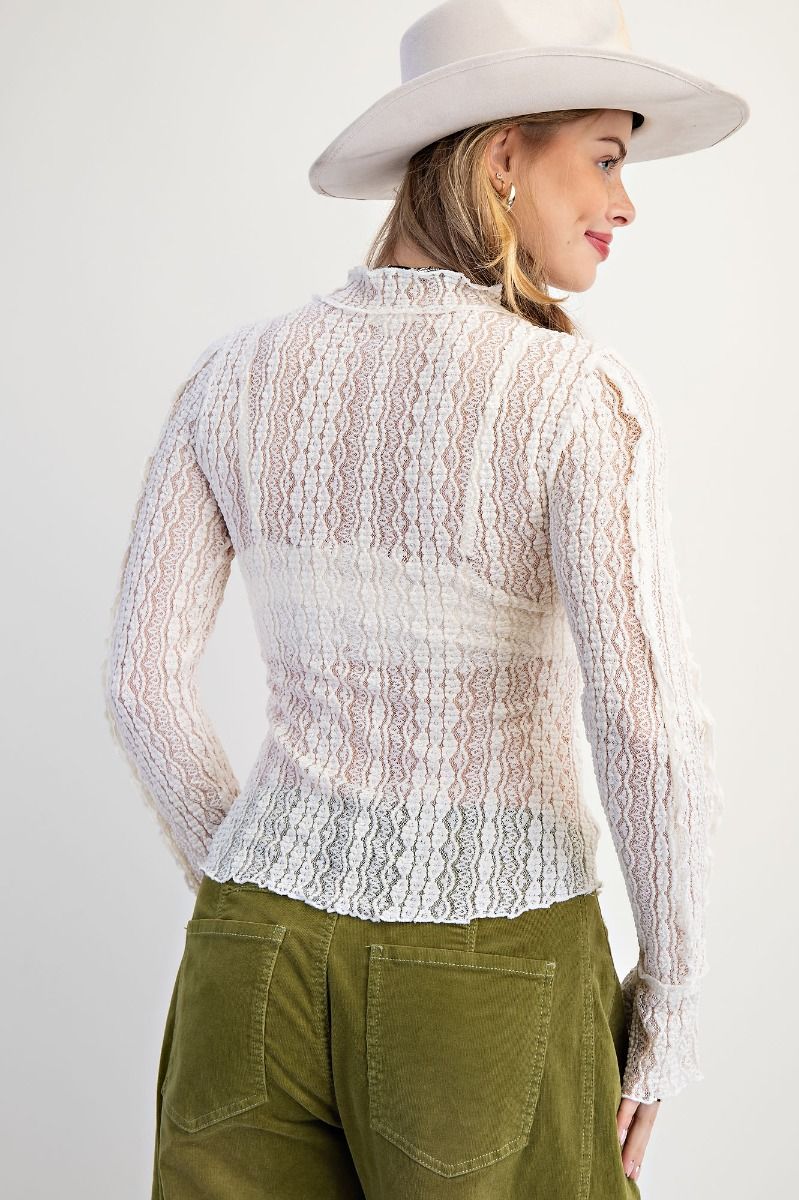 Sheer Lace Mock Neck Top With Bellsleeve – Lila