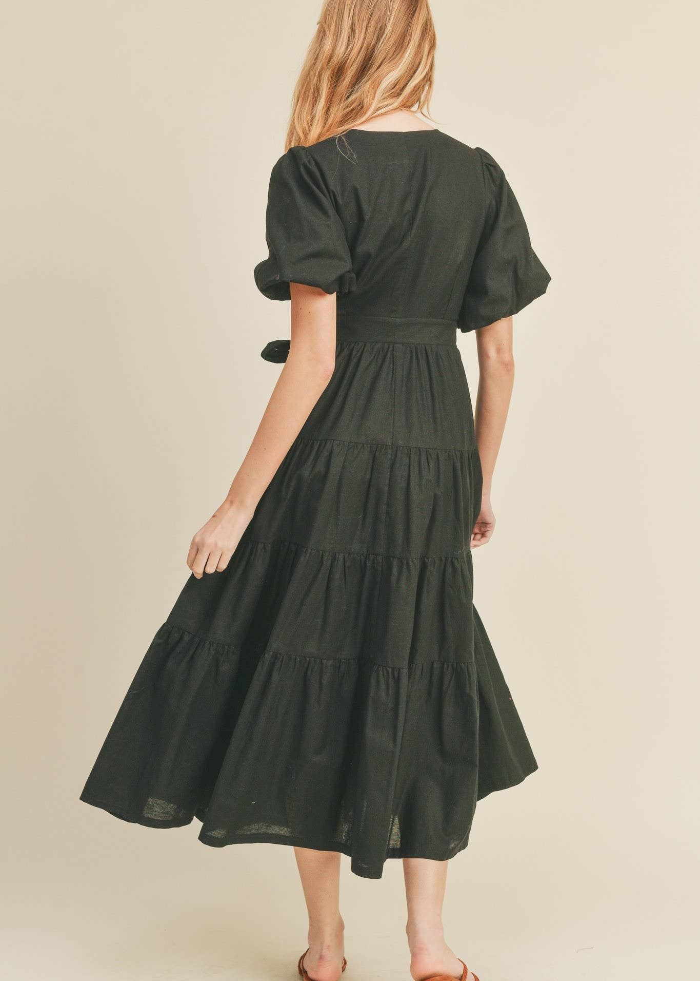 Tiered Midi Wrap Dress with puff sleeves
