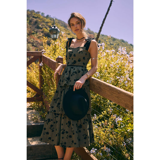 Velvet Flower Tiered Midi Dress